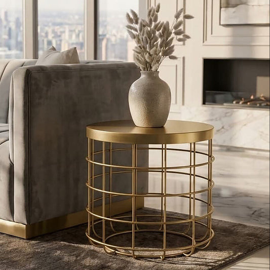 Gold Finish Iron Round Top Side Table with Caged Base, Pali