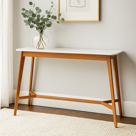 White Marble Top Console Table with Sustainable Acacia Wood Base | Myan