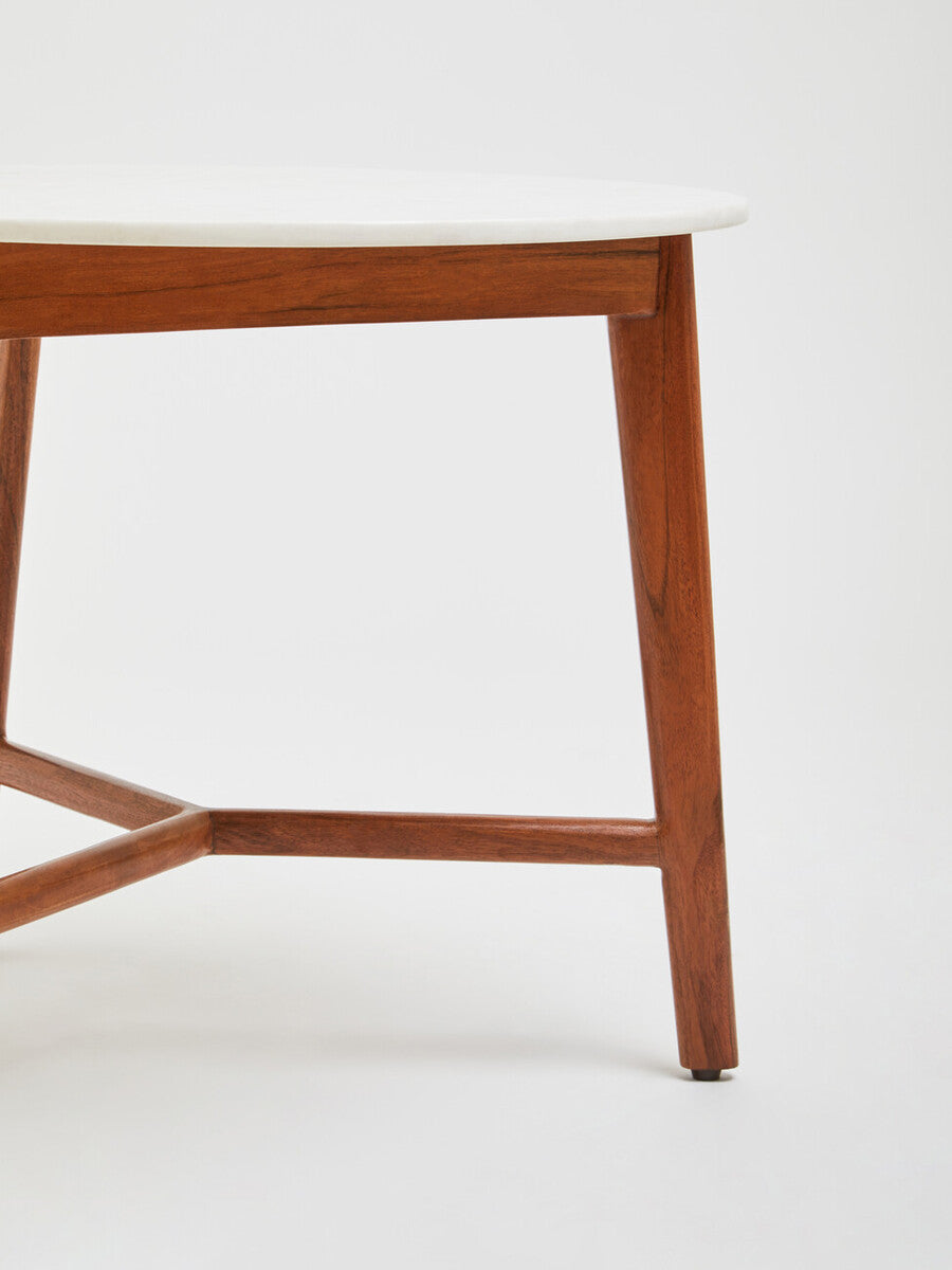 White Marble Top Round Side Table with Sustainable Acacia Wood Base | Myan