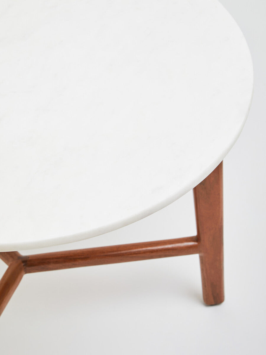 White Marble Top Round Side Table with Sustainable Acacia Wood Base | Myan