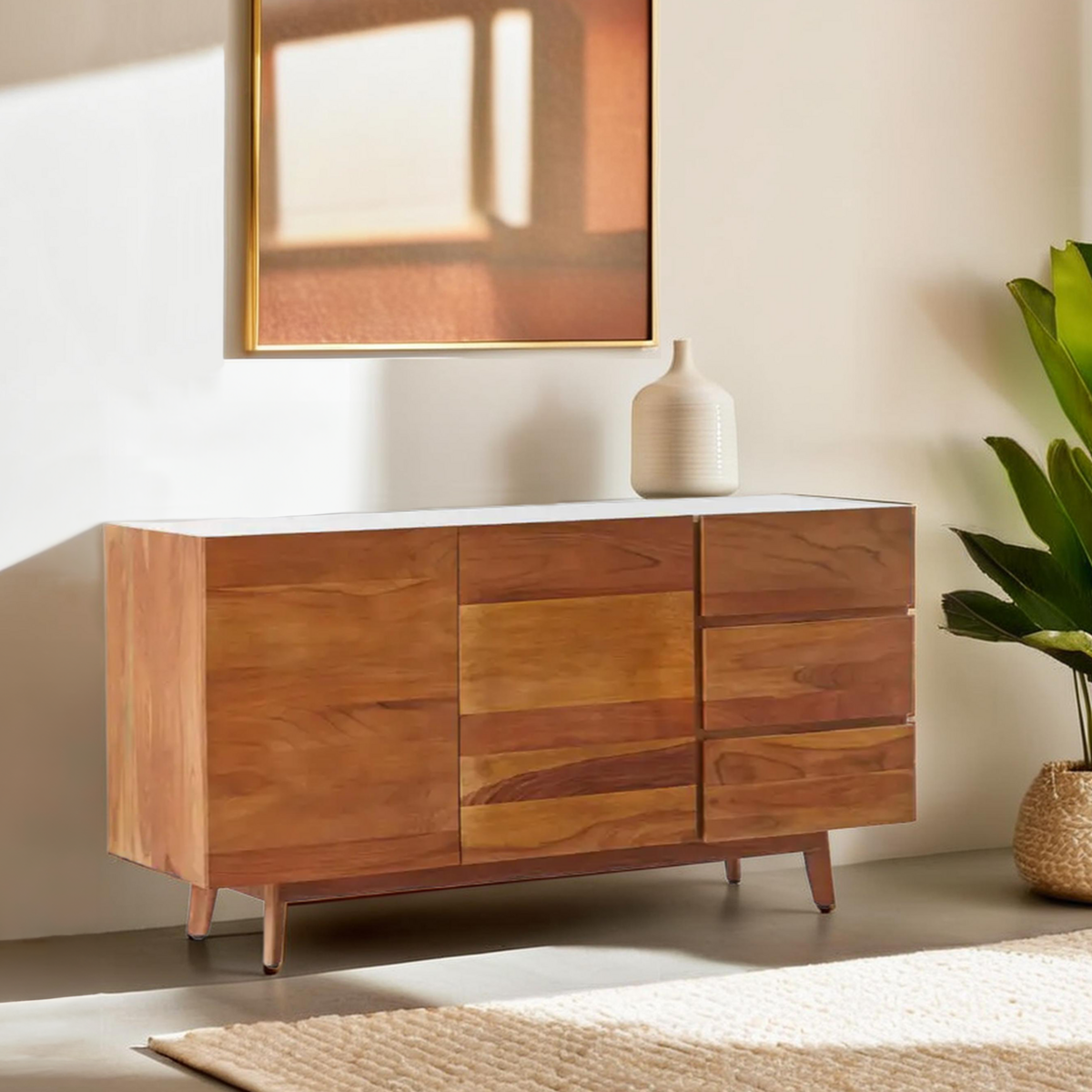 3 Drawer Acacia Wood White Marble Sideboard | Myan