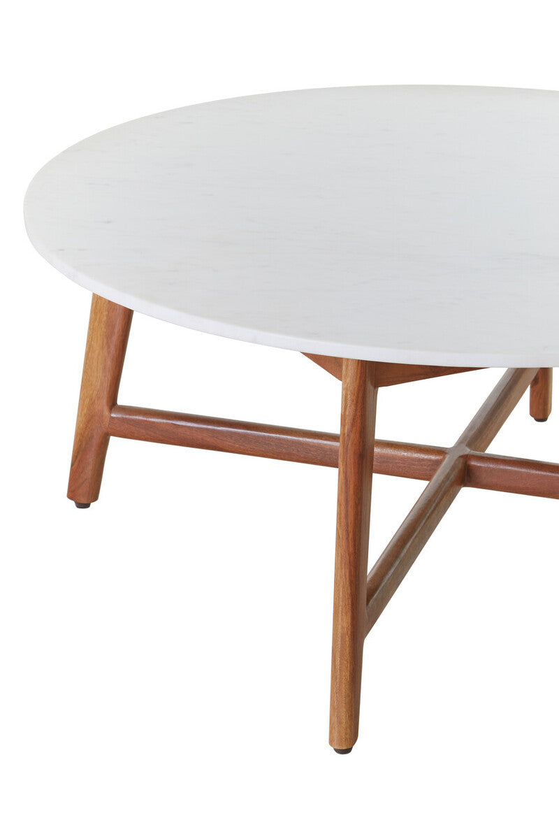 White Marble Round Top Coffee Table with Acacia Wood Legs | Myan