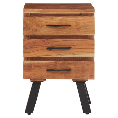 Natural Acacia Wood 3-Drawer Side Table with Black Metallic Legs and Handles | Nashik