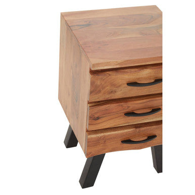 Natural Acacia Wood 3-Drawer Side Table with Black Metallic Legs and Handles | Nashik
