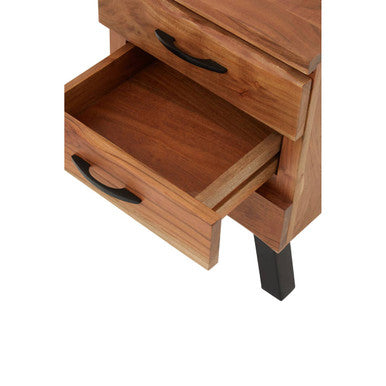 Natural Acacia Wood 3-Drawer Side Table with Black Metallic Legs and Handles | Nashik