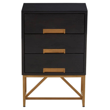Black Mango Wood 3-Drawer Side Table with Gold Iron Legs and Handles | Kochi