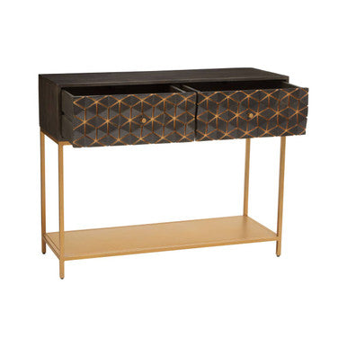 Grey Mango Wood 2-Drawer Console Table with Gold Finish Iron Frame and Lower Shelf, Patna
