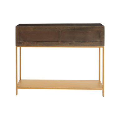 Grey Mango Wood 2-Drawer Console Table with Gold Finish Iron Frame and Lower Shelf, Patna