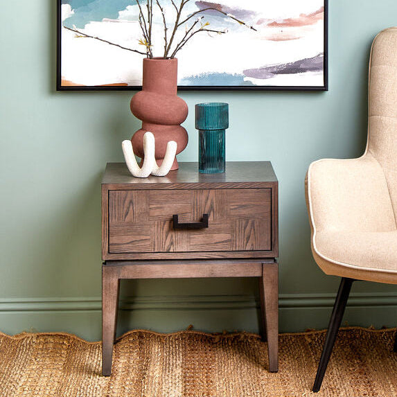 Antique Grey 1-Drawer Side Table with Wooden Legs and Black Metal Handle, Dimaro