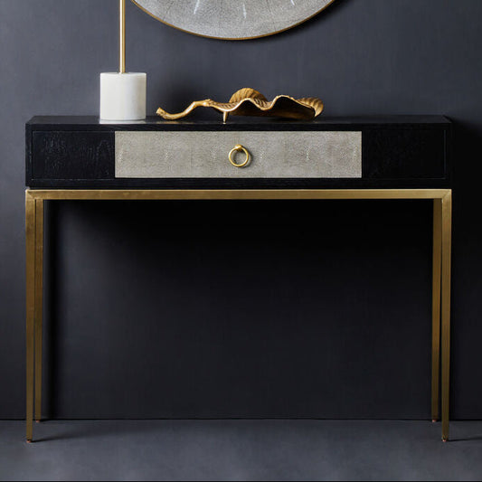 Black Top and Grey Shagreen Effect 1-Drawer Console Table with Gold Metal Legs, Deruta