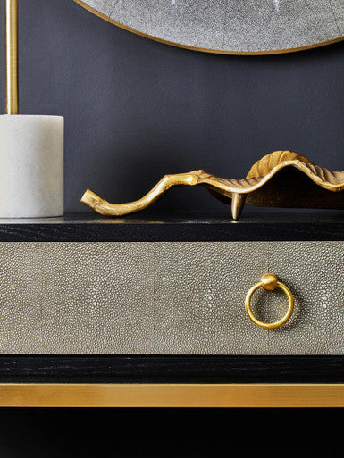 Black Top and Grey Shagreen Effect 1-Drawer Console Table with Gold Metal Legs | Deruta