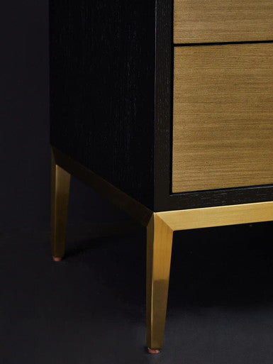 Black Fluted and Natural Grain Diagonal Front 2-Drawer Side Table with Gold Handles | Davoli