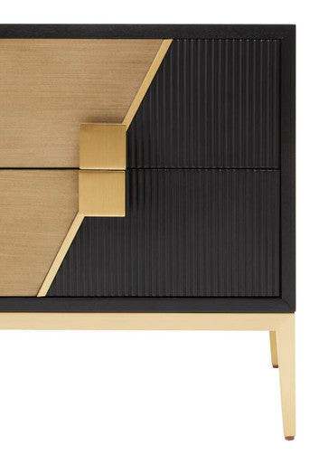 Black Fluted and Natural Grain Diagonal Front 2-Drawer Side Table with Gold Handles | Davoli