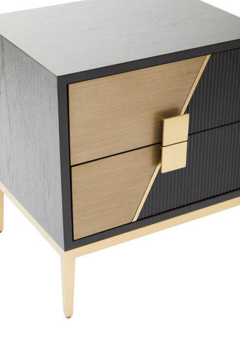 Black Fluted and Natural Grain Diagonal Front 2-Drawer Side Table with Gold Handles | Davoli