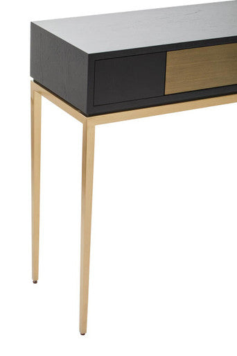Two-Tone Black Fluted and Grained Console Table with Gold Metal Base and 1 Drawer, Davoli