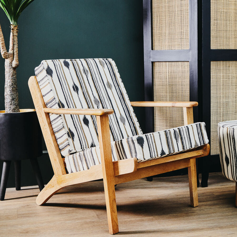 Cefena Black and White Cotton Armchair with Angular Mango Wood Frame