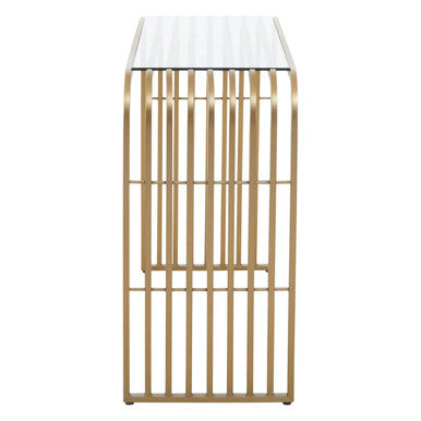 Matte Gold Slatted Console Table with Clear Glass Top | Vogue