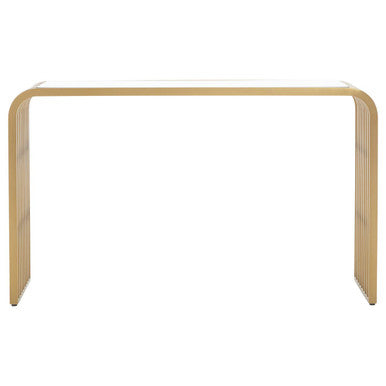 Matte Gold Slatted Console Table with Clear Glass Top, Vogue