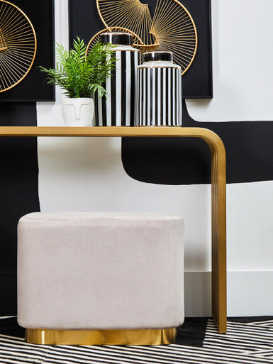 Matte Gold Slatted Console Table with Clear Glass Top | Vogue