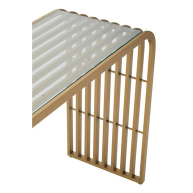 Matte Gold Slatted Console Table with Clear Glass Top | Vogue