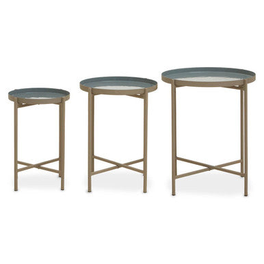 Set of 3 Grey Enamel Top Nesting Side Tables with Gold Finish X-Base Legs, Corra