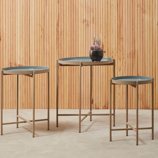 Set of 3 Grey Enamel Top Nesting Side Tables with Gold Finish X-Base Legs, Corra