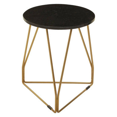 Black Marble Top Side Table with Gold Finish Geometric Sledge Base, Corra