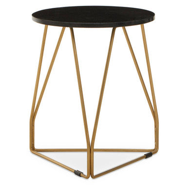 Black Marble Top Side Table with Gold Finish Geometric Sledge Base, Corra