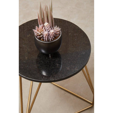 Black Marble Top Side Table with Gold Finish Geometric Sledge Base, Corra