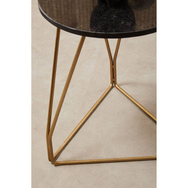 Black Marble Top Side Table with Gold Finish Geometric Sledge Base, Corra