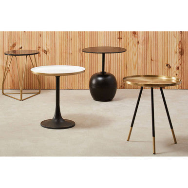 Black Marble Top Side Table with Gold Finish Geometric Sledge Base, Corra