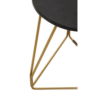 Black Marble Top Side Table with Gold Finish Geometric Sledge Base, Corra