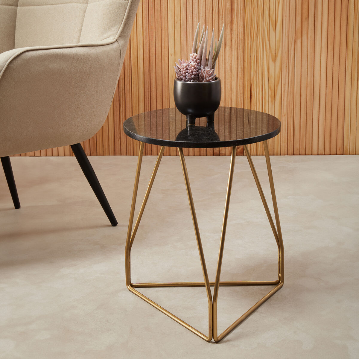 Black Marble Top Side Table with Gold Finish Geometric Sledge Base, Corra