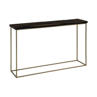 Black and Gold Striped Acacia wood Console Table with Interconnected Metal Legs, Aris