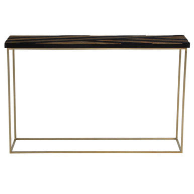Black and Gold Striped Acacia wood Console Table with Interconnected Metal Legs, Aris