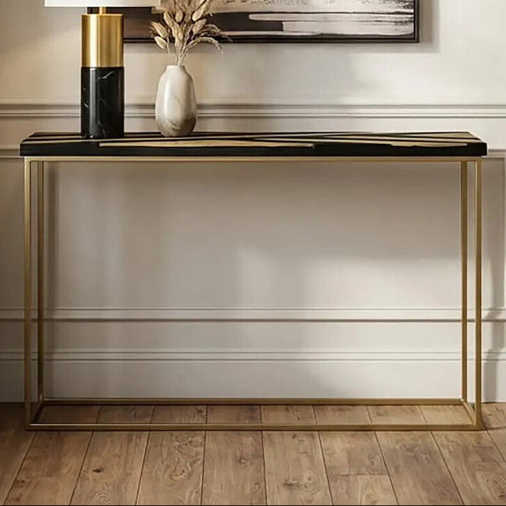Black and Gold Striped Acacia Wood Console Table with Interconnected Metal Legs | Aris