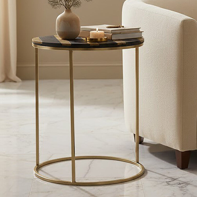 Aris Black and Gold Striped Acacia wood Round Coffee Table with Interconnected Metal Legs, Aris