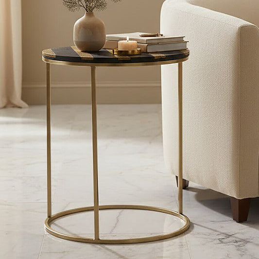 Black and Gold Striped Acacia wood Round Coffee Table with Interconnected Metal Legs, Aris