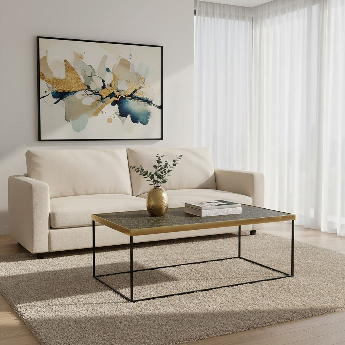 Gold Finish Coffee Table with Black Metal Frame, Akola
