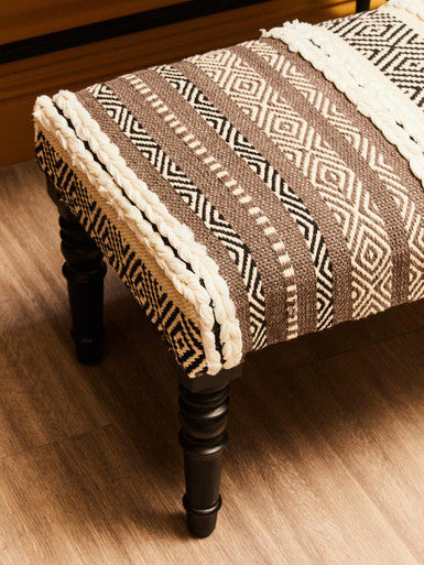 Cefena Grey and White Fabric Bench with Wood Frame