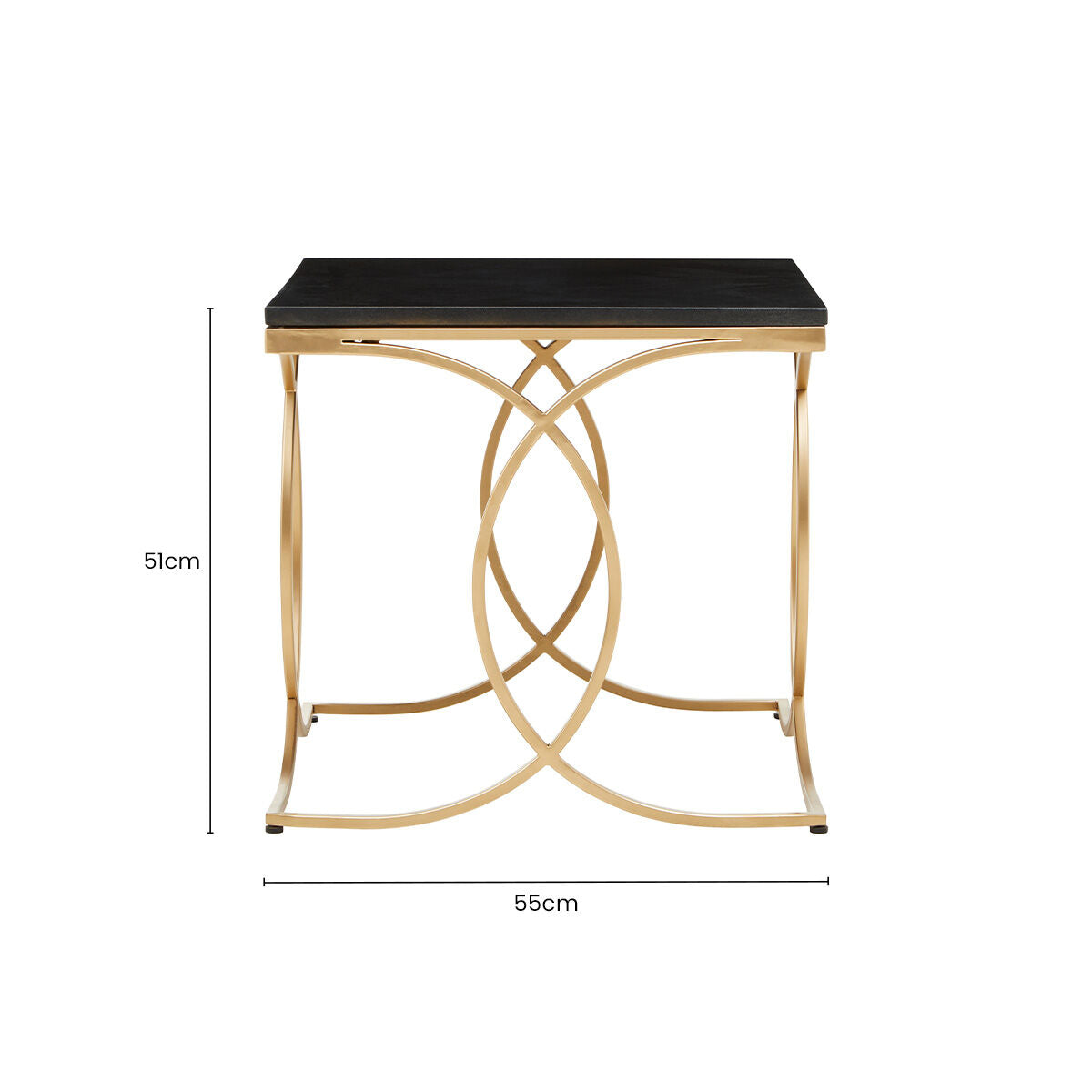 Black Marble Top Side Table with Gold Finish Interlocking Stainless Steel Frame, Kia