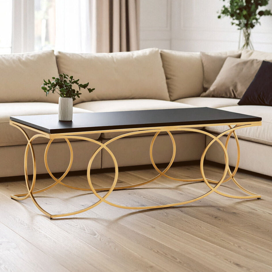 Black Marble Top Rectangular Coffee Table with Gold Finish Metal Frame | Kia