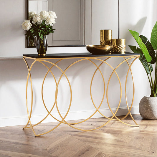 Black Marble Top Console Table with Curved Gold Finish Metal Frame, Kia
