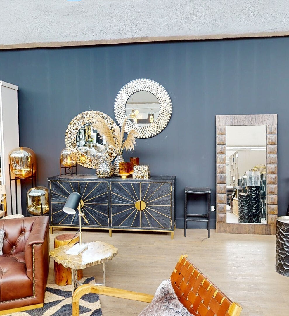 Kendari Black Leather and Teak Barstool