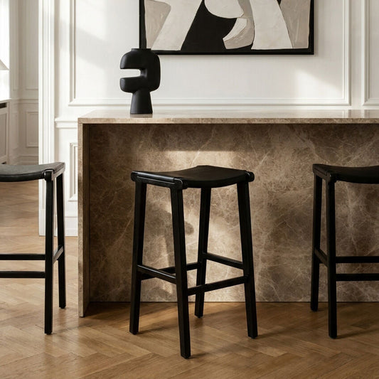 Kendari Black Leather and Teak Barstool