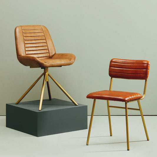 Buffalo Tan Leather Dining Chair With Gold Finish Frame