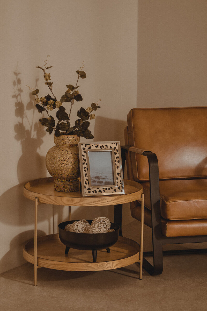 Buffalo Tan Leather Armchair with Curved Black Iron Frame