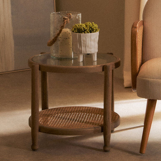 Grey Wash Elm Wood Side Table with Glass Top and Cane Shelf, Cebu