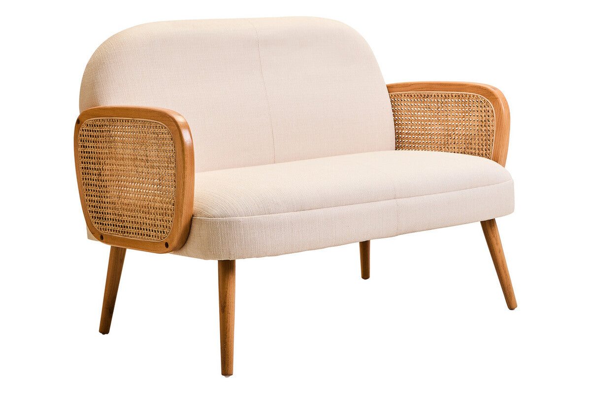 2 Seater Ivory Fabric and Cane Sofa with Elm Wood Legs | Cebu
