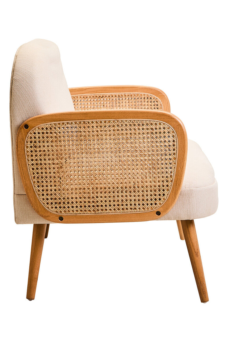 2 Seater Ivory Fabric and Cane Sofa with Elm Wood Legs | Cebu